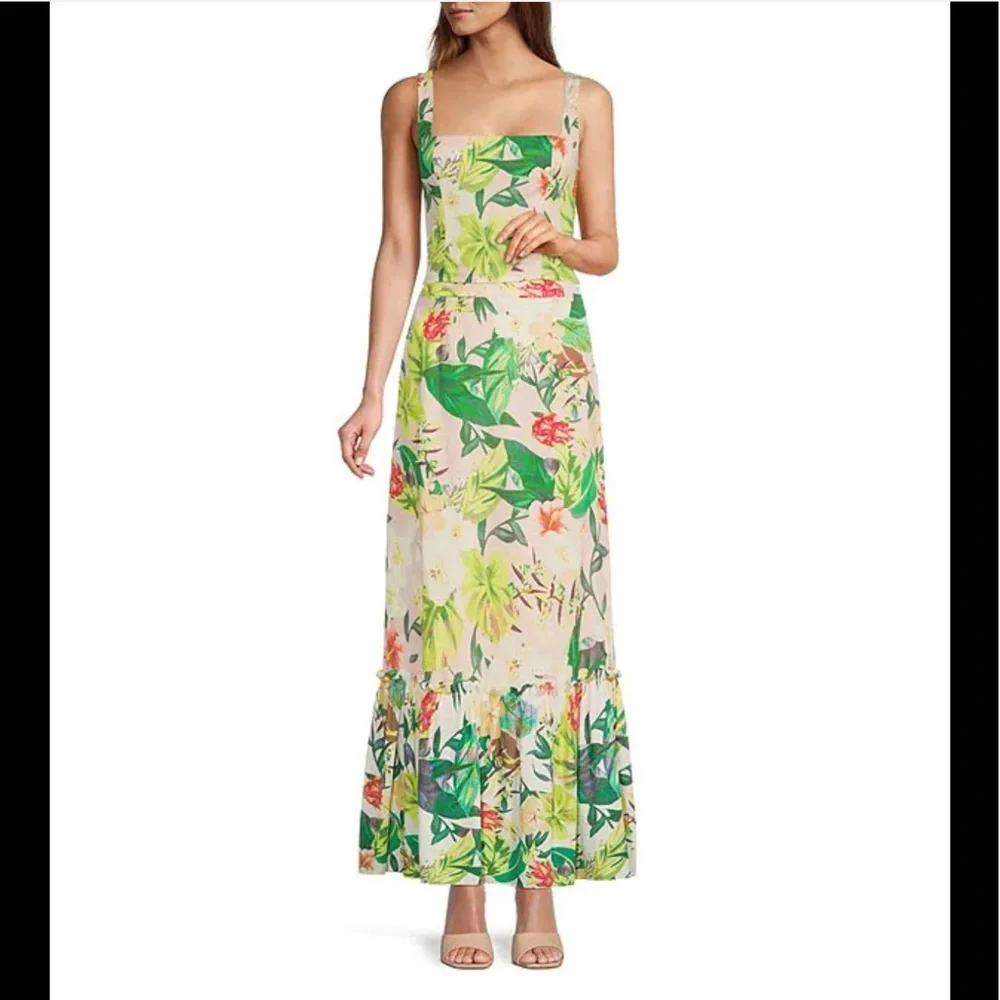 NWT Antonio Melani Perla Tropical Floral Print Ruffle Hem A- Line Maxi Skirt - Picture 3 of 8